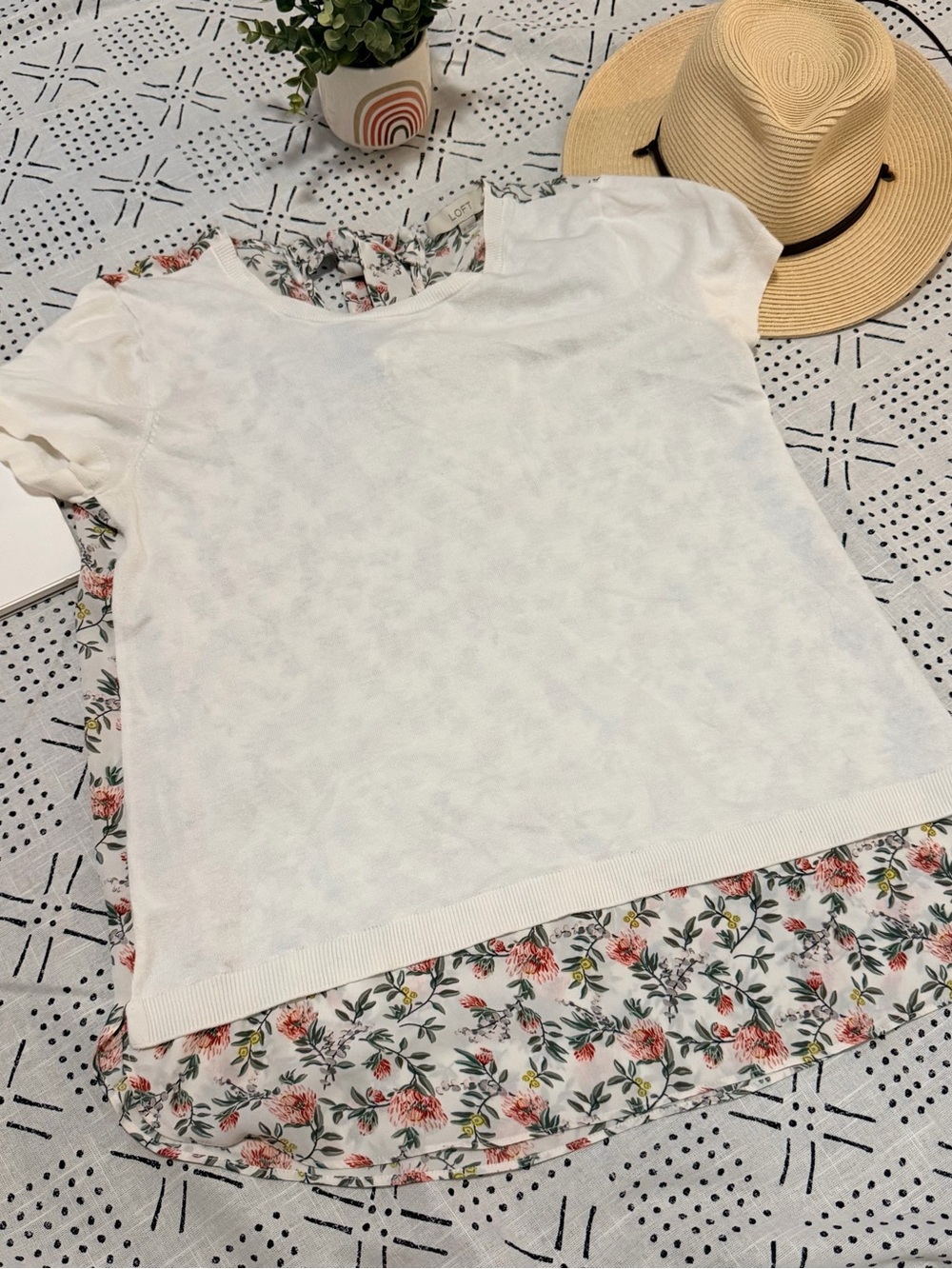LOFT White Short Sleeve Layered Top with Pink Floral Back